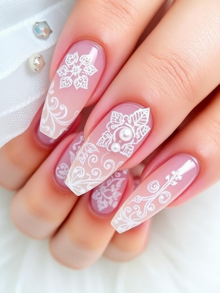 Diseño de uñas para novias con perlas y encaje