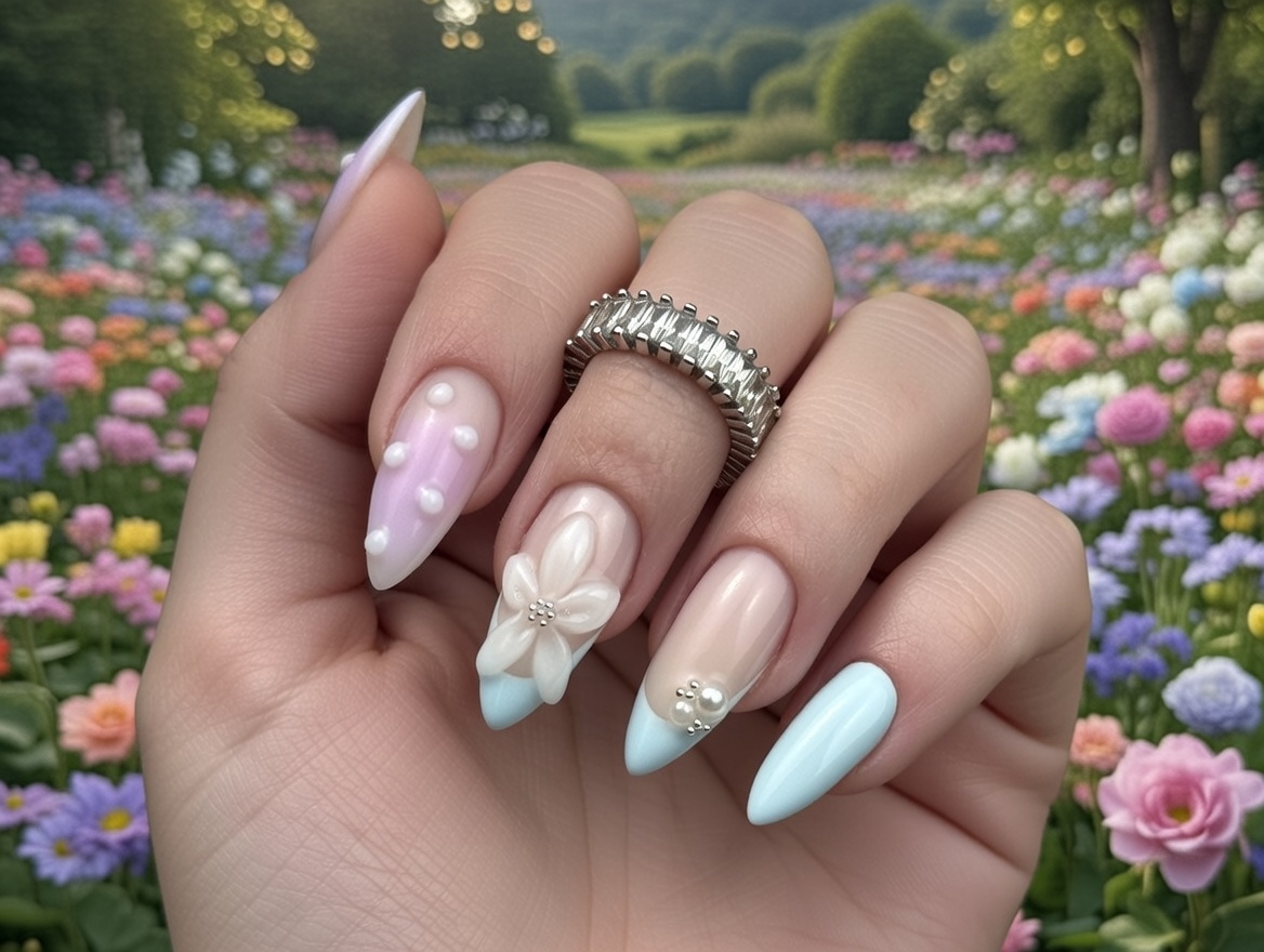 Uñas almendradas con diseño floral blanco sobre nude rosa