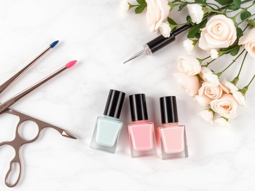 Flat lay de herramientas de manicura y esmaltes pastel