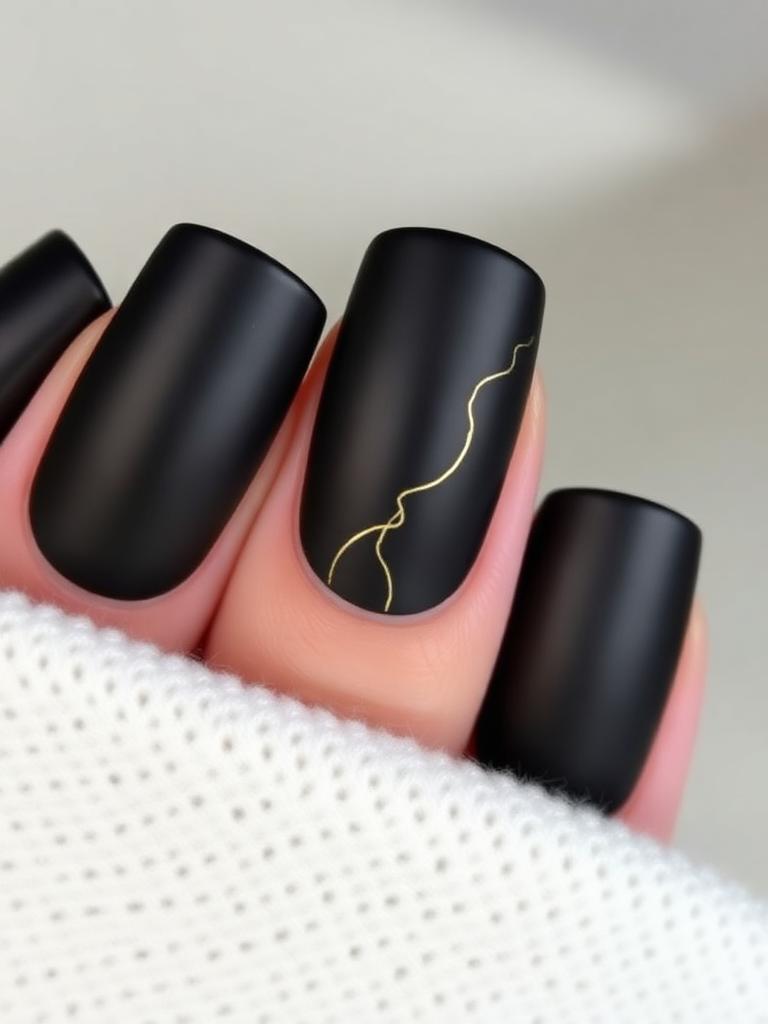 Manicura mate negra con línea dorada delicada